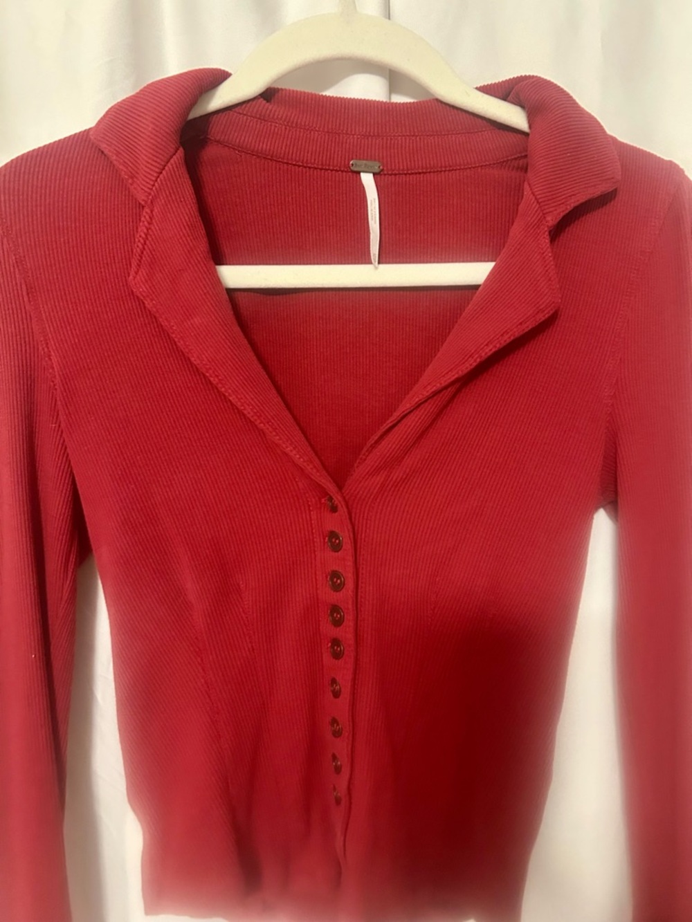 Free People Ribbed Button-Front Long-Sleeve Top in Deep Red - Picture 2 of 5